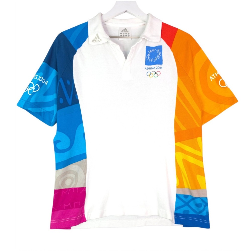 Adidas Athens 2004 Olympics Polo Mens Medium White Cotton Vintage Graphic